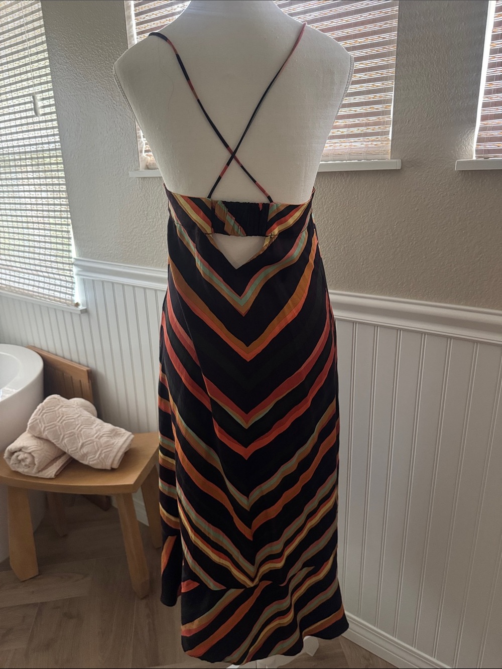 Anthropologie Black Maxi Dress with Orange, Cream & Teal Chevron Stripes - Picture 2 of 5
